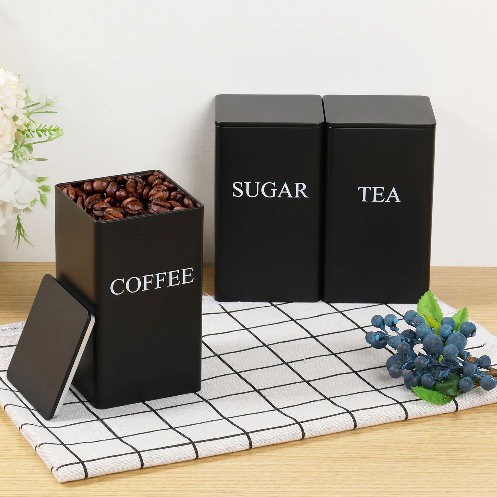 Coffee Tea Sugar Canister Set - 3 buah kaleng penyimpanan biji kopi,
