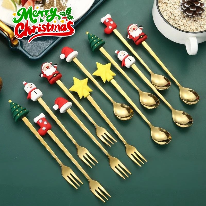 Tea Coffee Utensils - Set Sendok Garpu Natal dari Baja